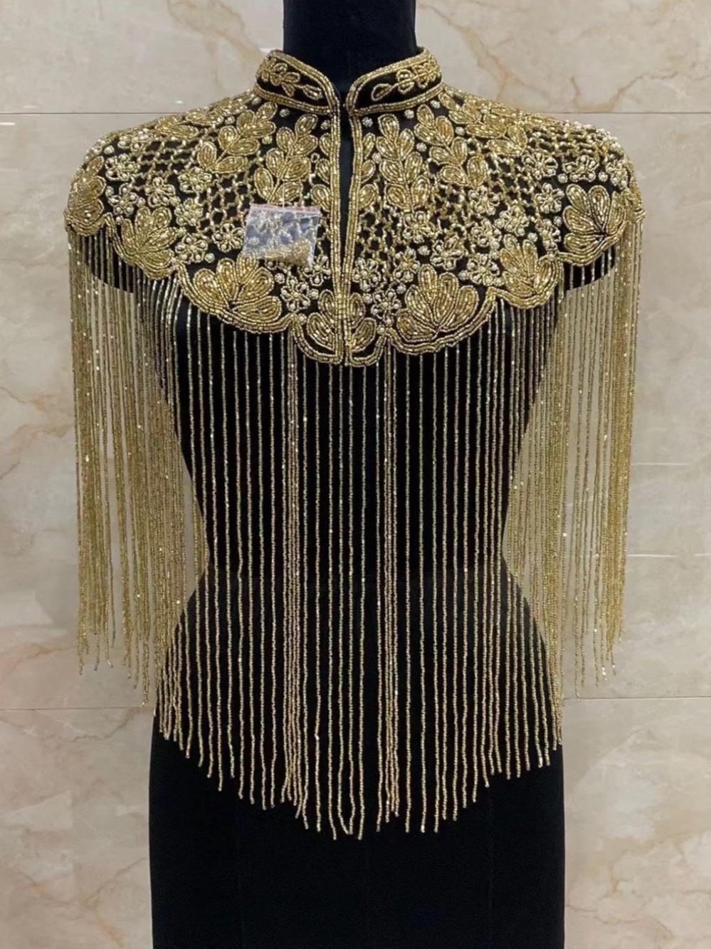 Black Tunic with Gold Embroidered Capelet and Fringe